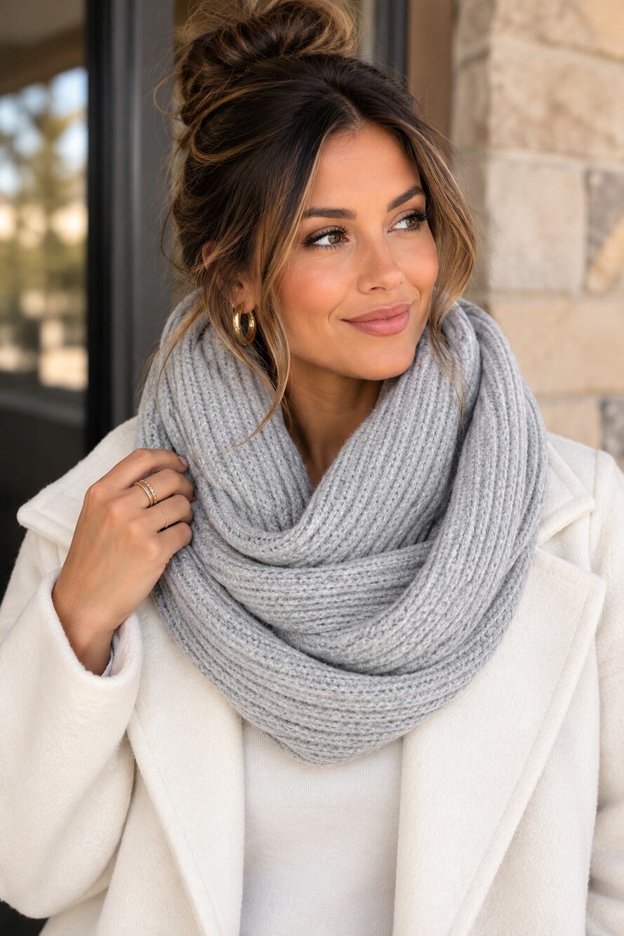 NEW Hat Attack Lodge Loop Light Grey Soft Ribbed Knit Infinity Wrap Around Scarf